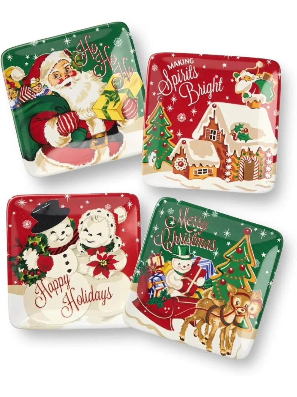 Vintage-Inspired Christmas Canapé Plates Set of 4 - Santa, Reindeer & Snowman